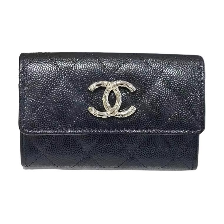 CHANEL Litchi Cow Leather Card Holder Unisex Black