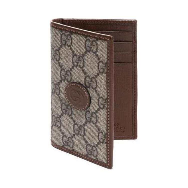 GUCCI Interlocking Collection Canvas With Leather Trim Card Holder Men's Beige/Brown