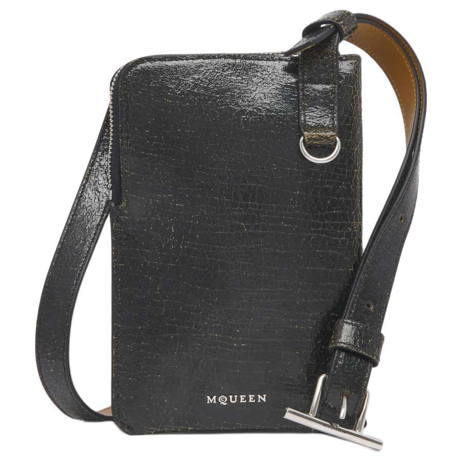 Alexander McQueen Calfskin One Shoulder Crossbody Cell Phone Pouch Men's Black & Camel