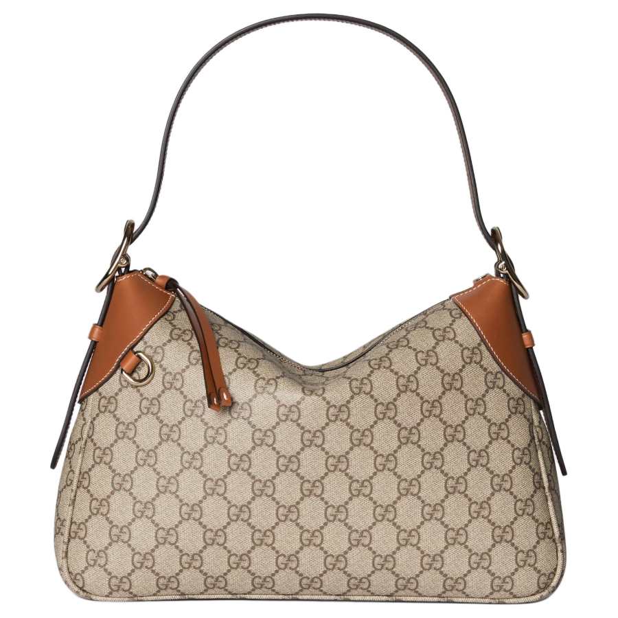 GUCCI GG Emblem Monogram Coated Fabric Handbag, Shoulder Bag Medium Women's Beige & Dark Brown