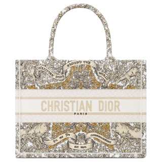DIOR BookTote Cotton With Cow Leather Tote Bag, Shopping Bag, Handbag Medium Women's Milk White