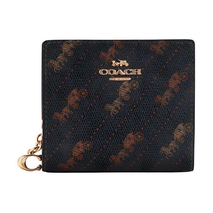 COACH Snap Wallet Coated Canvas With Smooth Leather Card Holder, Wallet Small Women's Brown Black