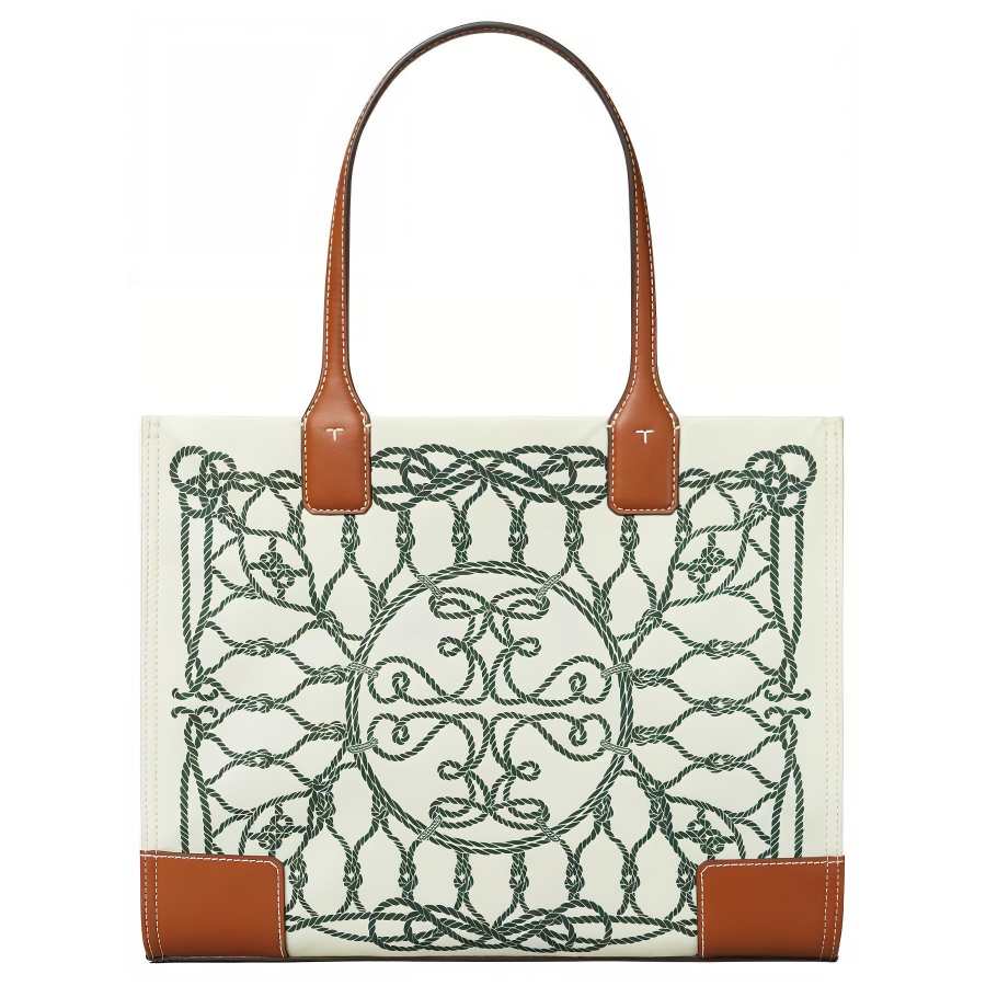 TORY BURCH Ella Recycled Polyester Tote Bag, Shopping Bag, Shoulder Bag, Handbag Small Women's Ivory & Green