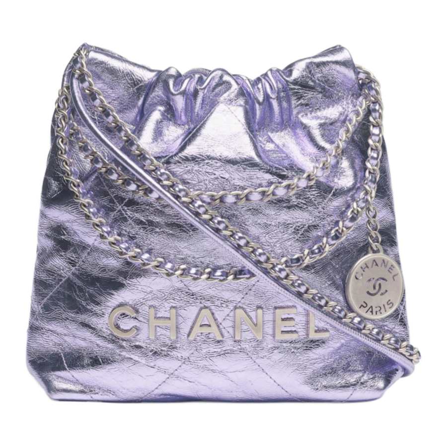 CHANEL 22Bag Cow Leather Material Silver Metal One Shoulder Handbag Mini Women's Light Purple