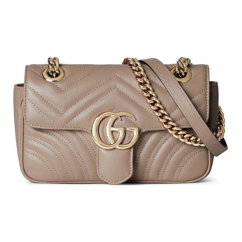 GUCCI GG Marmont Quilting V Shaped Leather Crossbody Bag, Shoulder Bag Small Women's Taupe