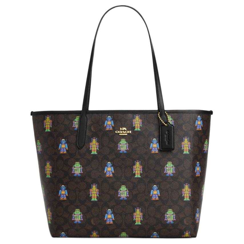 COACH Coated Canvas Handbag, Shoulder Bag Large Unisex Gold With Walnut Inlay