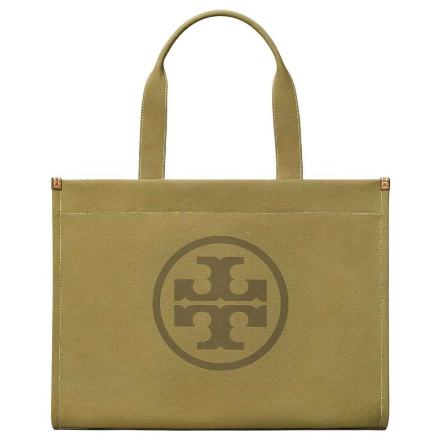TORY BURCH Ella Cotton Canvas Tote Bag, Shopping Bag, Handbag, Shoulder Bag Regular Women's Gray Green