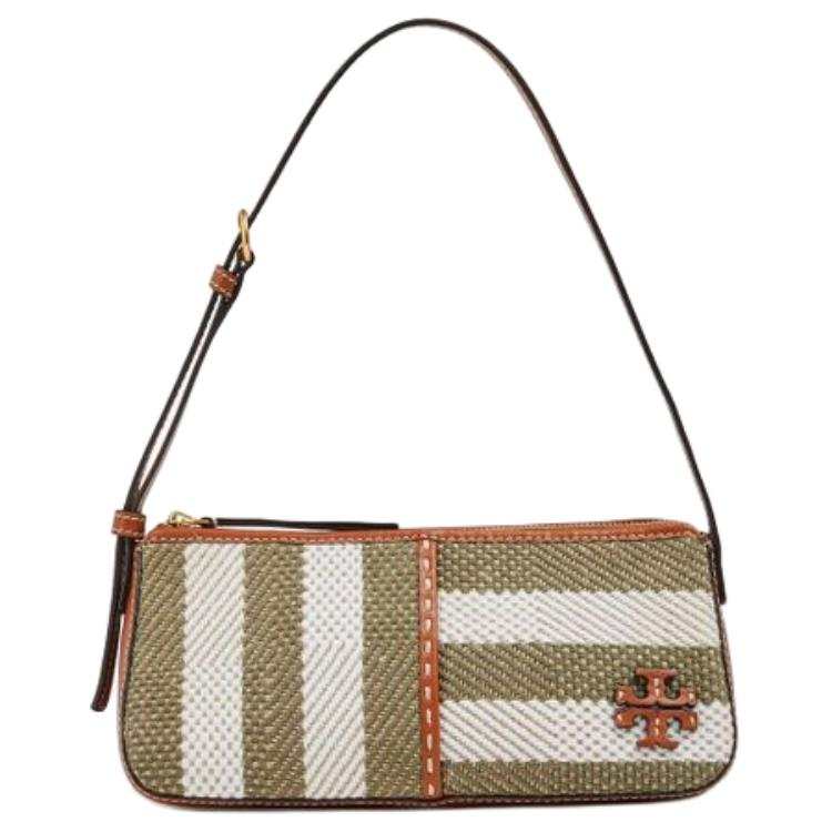 TORY BURCH McGraw Fabric With Cow Leather Shoulder Bag, Handbag, Shoulder Bag Women's Ivory White & Olive Green