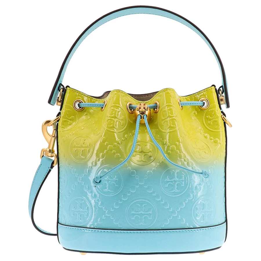 TORY BURCH T Monogram Leather Bucket Bag, Portable Crossbody Bag, Shoulder Bag Women's Yellow & Blue