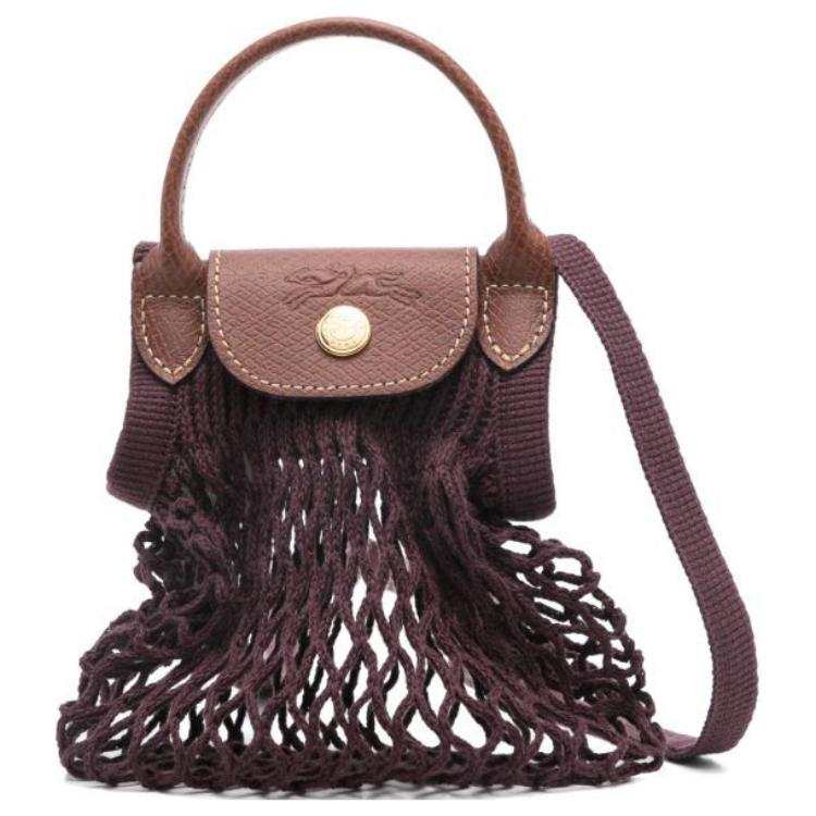 LONGCHAMP Le Pliage Filet Cotton With Calfskin Shoulder Bag, Crossbody Bag, Handbag Mini Women's Purple