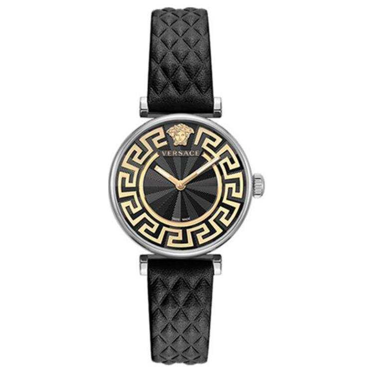 VERSACE Small Golden Wheat Wrist Watches Quartz Movement Cow Leather Strap 35 Black Dial Women's Watch