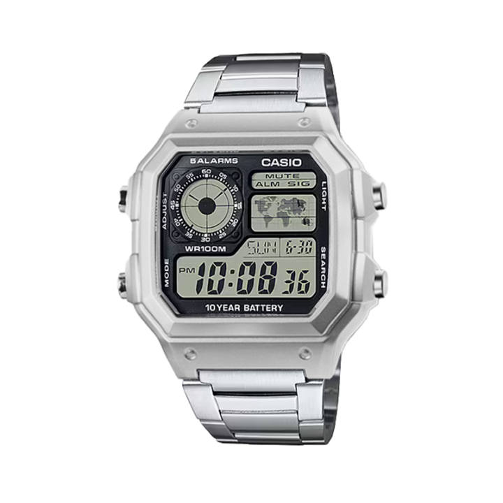 CASIO CASIO Custom Collection AE 1200WHD 1A Electronic Movement Metal Strap Watch Unisex Black Dial
