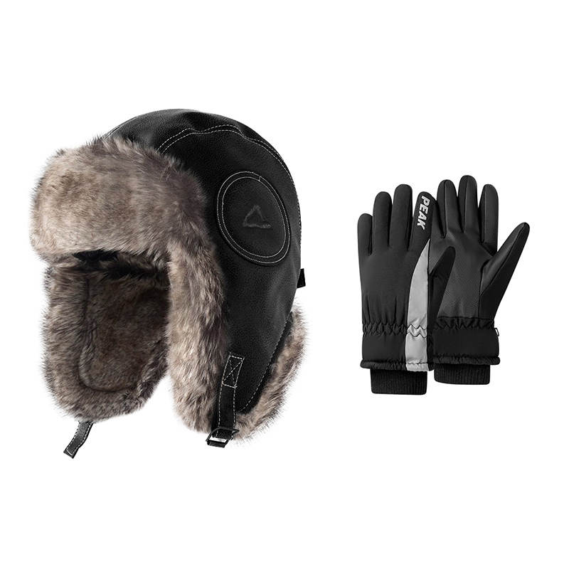 PEAK Winter Thermal Set Outdoor Travel Windproof Hooded Hat Thickened And Fleece Lined Touchscreen Cycling Gloves