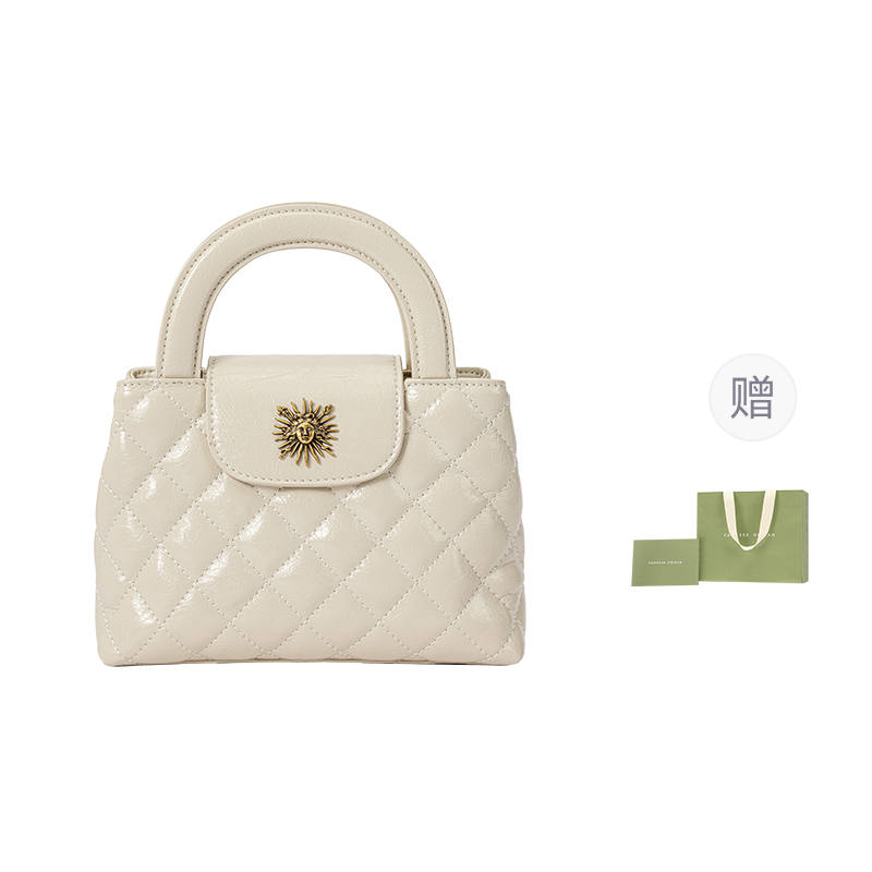 VANESSA HOGAN Helios Series Cow Leather Diamond Pattern Bag, Crossbody Handbag Women's Ecru/Black