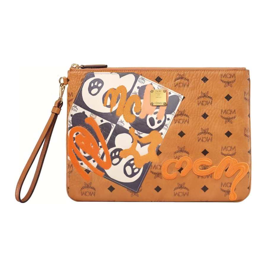 MCM PVC Handheld Clutch Women's Brown Cognac