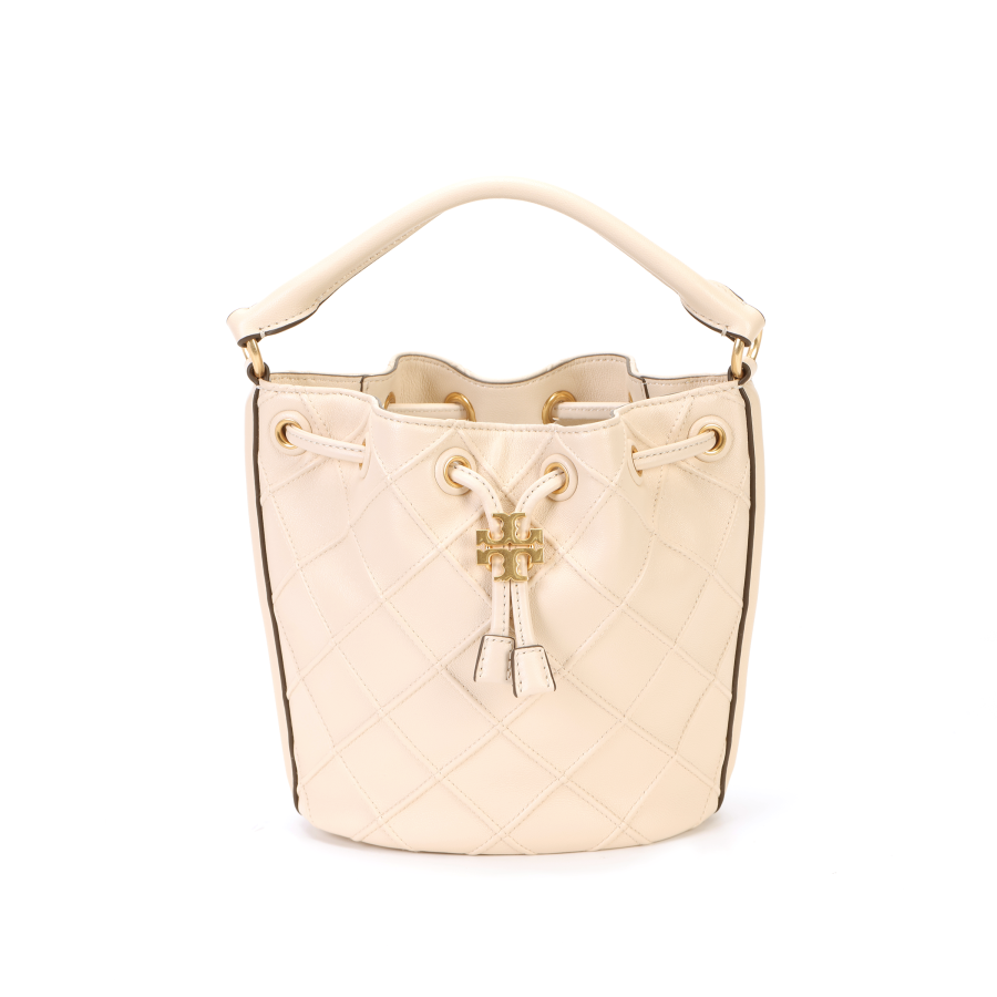 TORY BURCH Fleming Leather Bucket Bag, One Shoulder, Crossbody Handbag Small Women's Cream White
