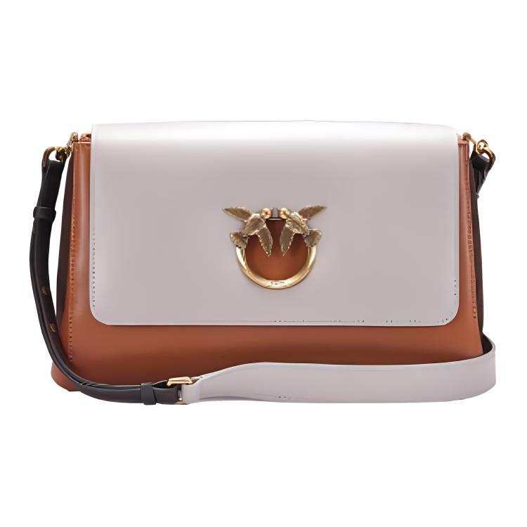 PINKO Cow Leather Shoulder Bag, Crossbody Bag Small Women's Brown & White