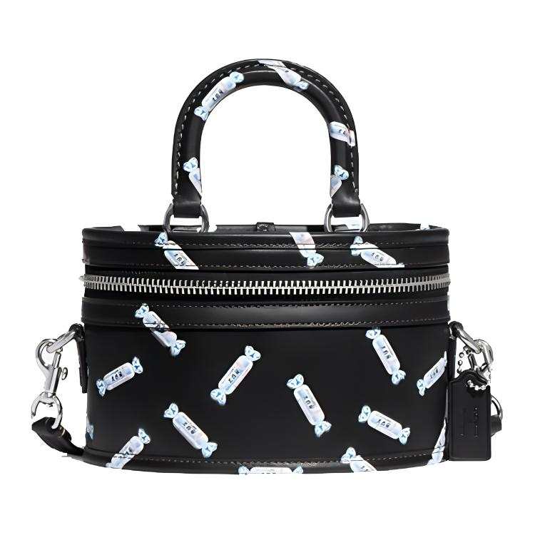 COACH Baymax Rabbit, Collaboration Trail Leather Box Bag Makeup Bag Handbag Women's Black