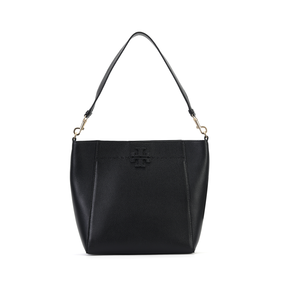 TORY BURCH McGraw Cow Leather Hobo Bucket Bag, One Shoulder Handbag Large Women's Black