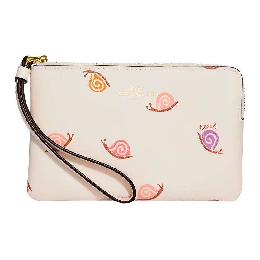 COACH Corner Zip Smooth Leather With Coated Canvas Wrist Bag Clutch Women's Chalk White