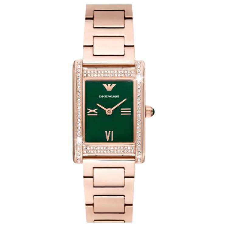 EMPORIO ARMANI Small Square Watch Collection Wrist Watches Quartz Movement Stainless Steel Strap 22*32mm Green Dial