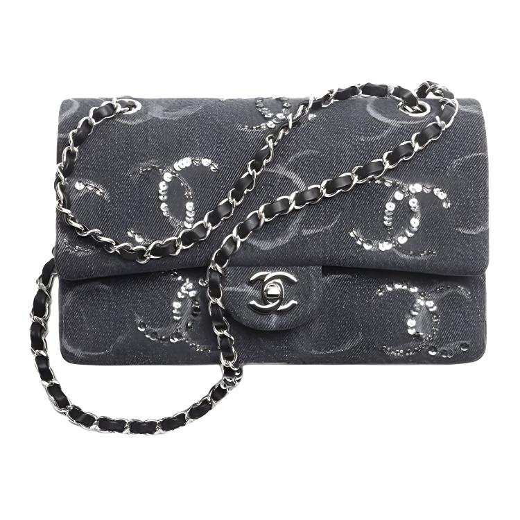 CHANEL Classic Flap CF Denim Sequins Crossbody Bags Women's Black Gray