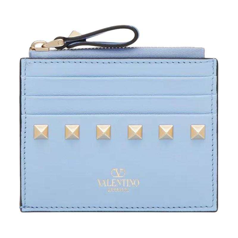 Valentino Rockstud Calfskin Card Holder Women's Sky Blue