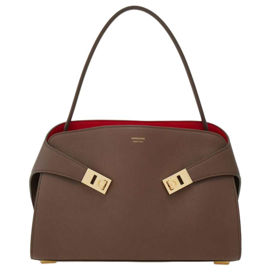 FERRAGAMO Hug Cow Leather Portable Crossbody Bag, Shoulder Bag Small Women's Mud