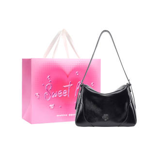 ONE TIME Synthetic Leather Hobo Bag, Tote Bag, Shopping Bag, Shoulder Bag Regular Women's Black/Metallic Silver