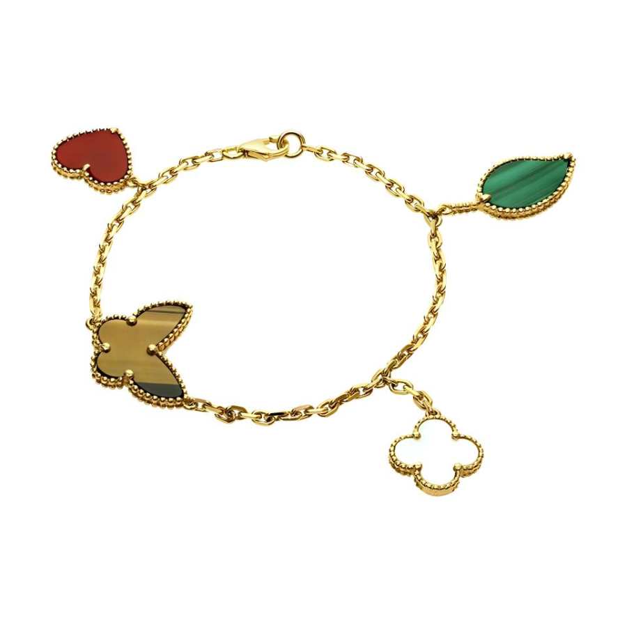 Van Cleef & Arpels Alhambra 18K Gold, Tiger's Eye Stone, Malachite, Mother Of Pearl, Red Coral Bracelets Unisex Gold