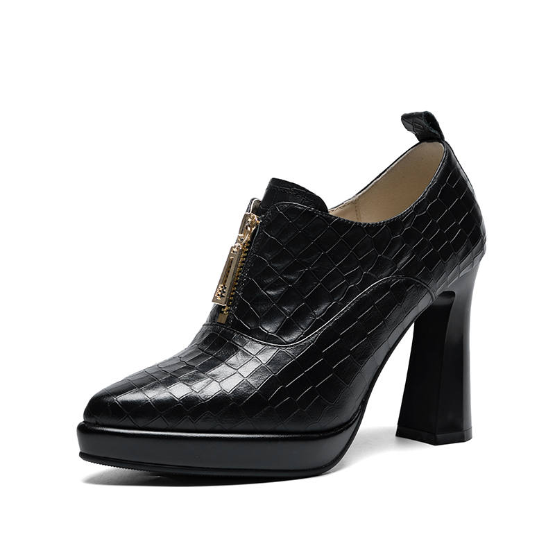 ZHR Top Grain Cow Leather Chunky Heel High Heels 10cm Women's