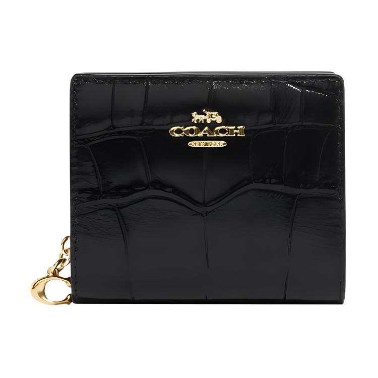 COACH Snap Wallet Crocodile Embossed Leather With Smooth Leather Card Holder, Wallet Women's Black