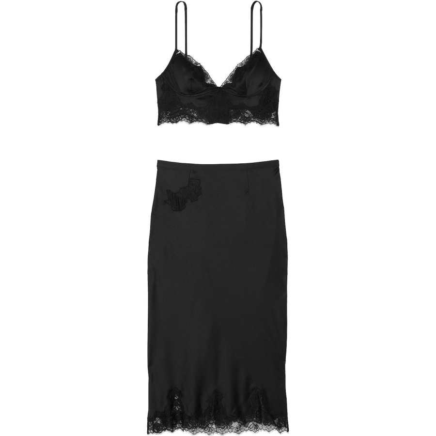 Victoria's Secret Satin Rose Lace Trim Bralette & Midi Skirt Set/B Pajama Set Women's Black