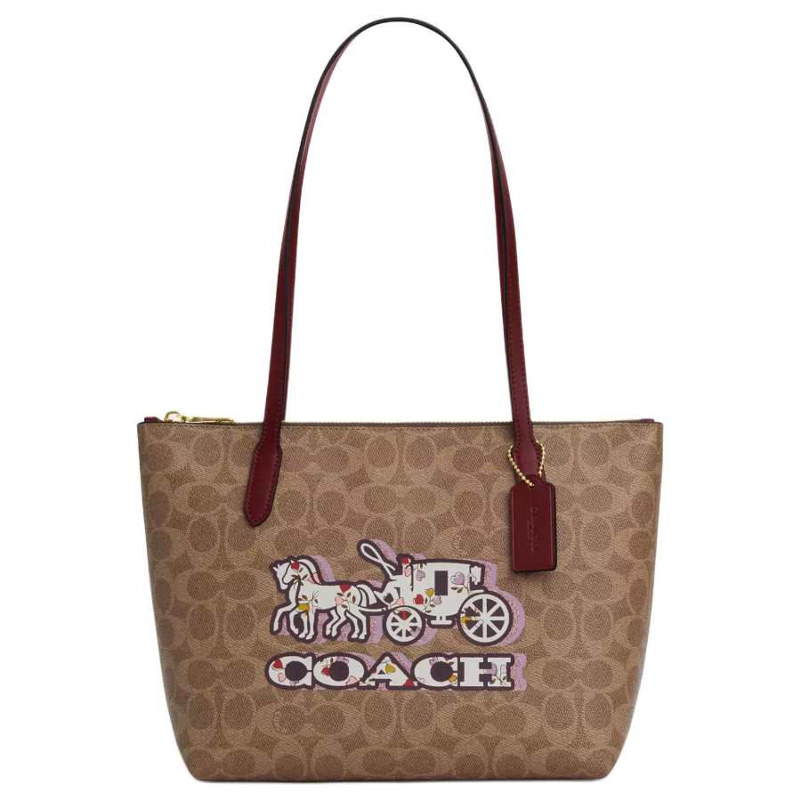 COACH Signature Coated Canvas Tote Bag, Shopping Bag, Handbag, Shoulder Bag Medium Women's Tan