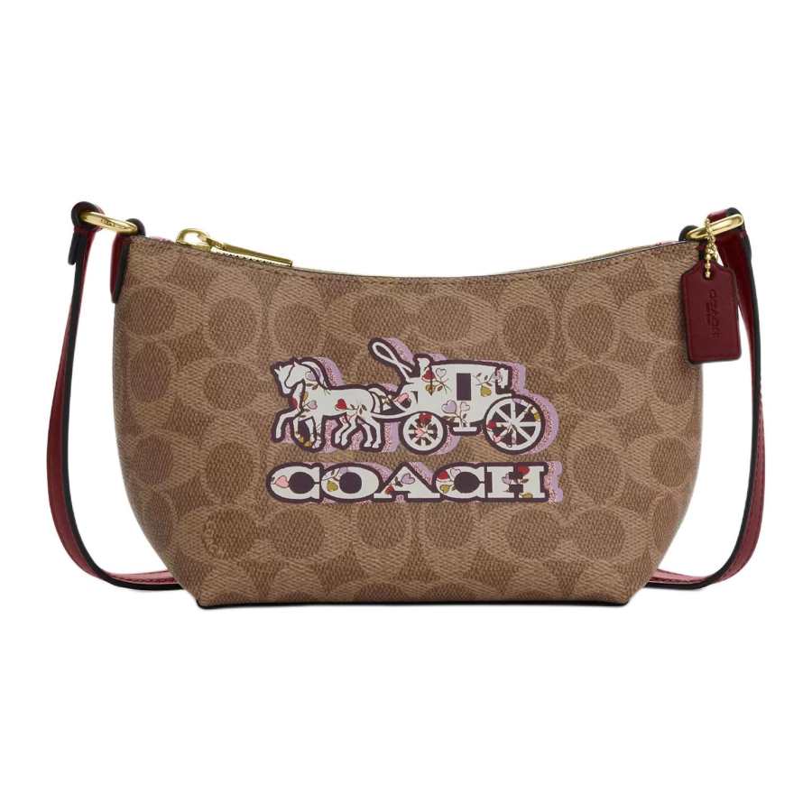 COACH Zip Top CrossbodySignature Signature Coated Canvas Crossbody Bag, Shoulder Bag Mini Women's Tan