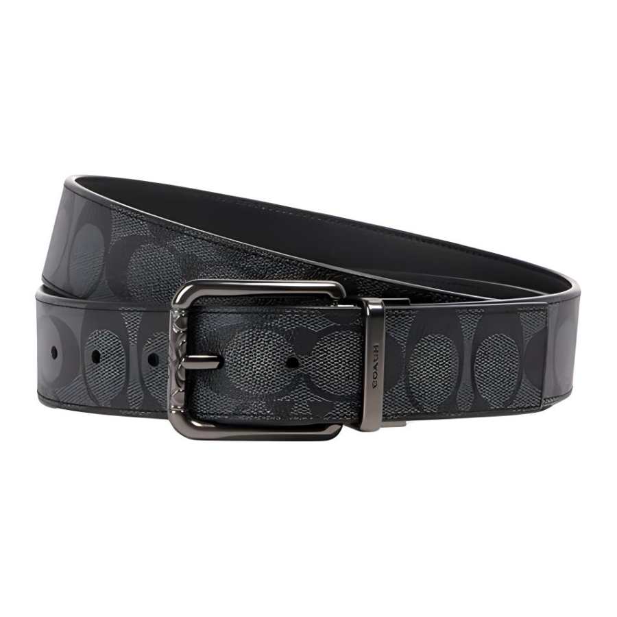 COACH COACH Coated Canvas Calfskin Leather Belts Men's Gray/Black Width 3.8cm