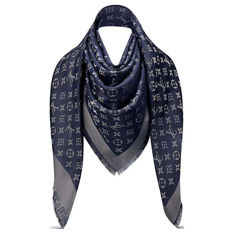 LOUIS VUITTON Monogram Shine Silk Shawls Women's Night Blue