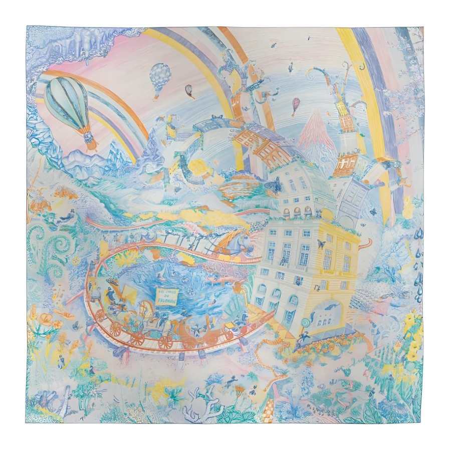 HERMES Les Folies Du Faubourg Silk Scarves Women's Electric Blue/Slate Gray/White