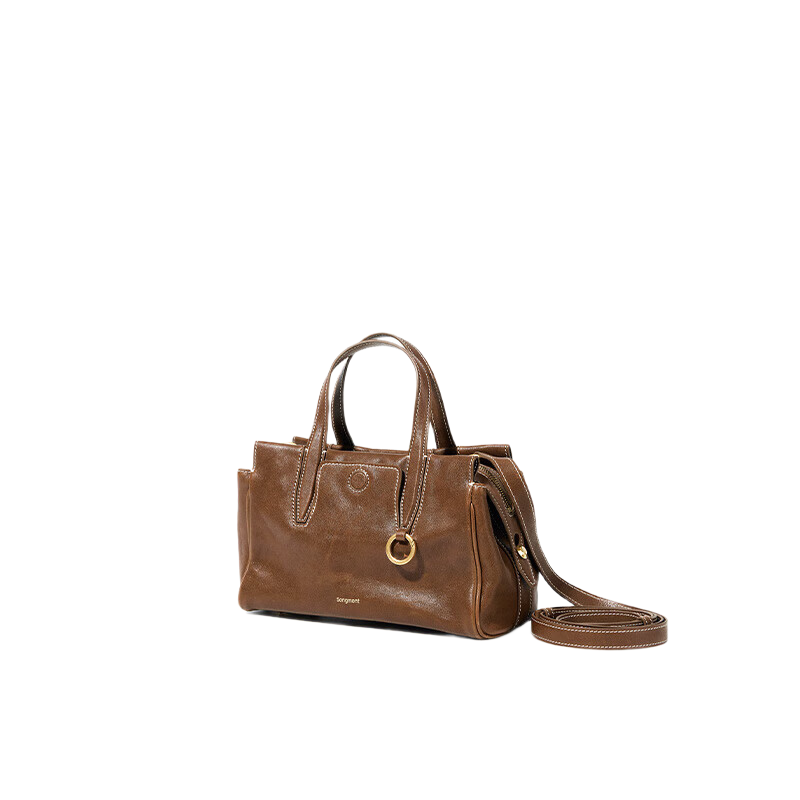 Songmont Vegetable Tanned Cow Leather Crossbody Boston Handbag Mini Unisex Sandalwood Brown/Smoky Ink Black