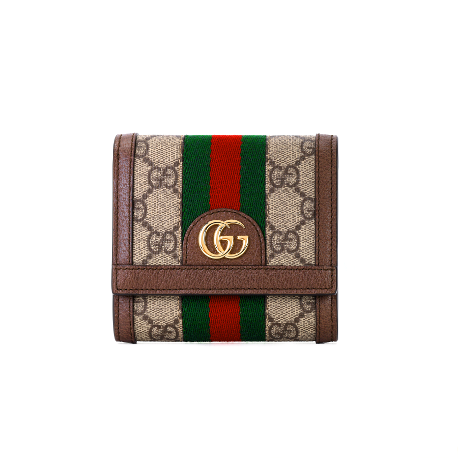 GUCCI Ophidia Canvas With Leather Card Holder, Wallet Mini Women's Brown