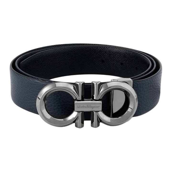 Ferragamo FERRAGAMO Cow Leather Belts Men's Dark Blue/Black Width 3.5cm