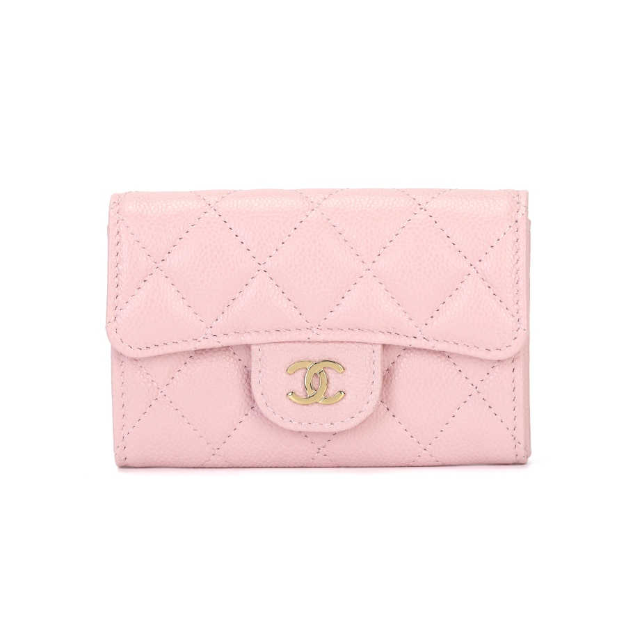 CHANEL Shiny Grain Calfskin & Gold Metal Card Holder Women's Cherry Blossom Pink