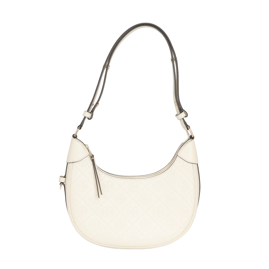 TORY BURCH TORY BURCH T Monogram Leather Crescent Bag Light Cream