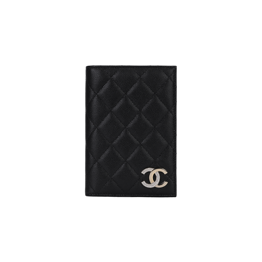 CHANEL Litchi Grain Cow Leather Passport Holder, Wallet, Card Holder Women's Black