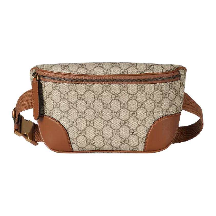 GUCCI GG Emblem Leather Trim Fanny Pack Medium Men's Beige & Dark Brown