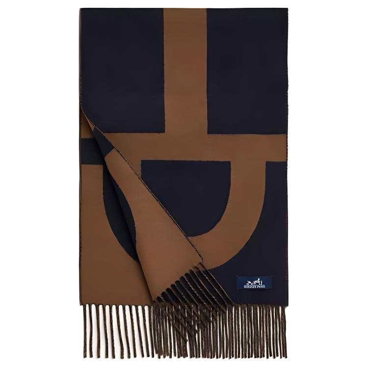 HERMES Cashmere Knit Scarves Unisex Marine Blue/Camel