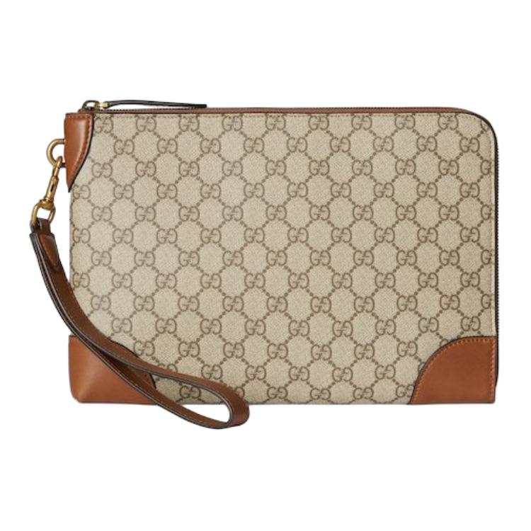 GUCCI GG Emblem Leather Trim Clutch Small Men's Beige & Dark Brown