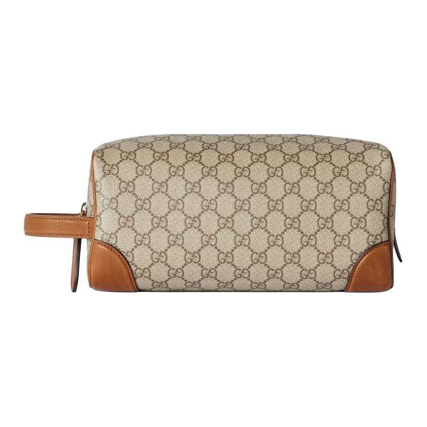 GUCCI GG Emblem Leather Toiletry Bag Medium Men's Beige & Dark Brown