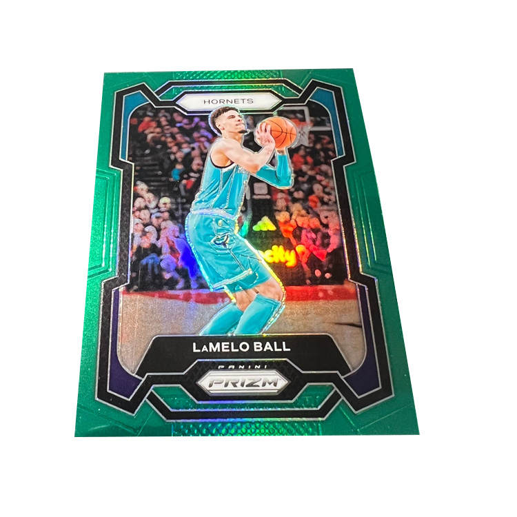 PANINI NBA Player Character Bees Team, LaMelo Ball, Three Ball, High End Green Holographic Card, Rare Card