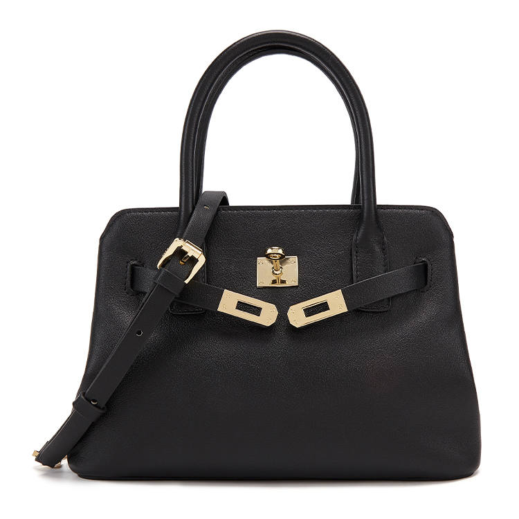 ELLE Vegetable Tanned Top Grain Cow Leather Shoulder Bag, Crossbody Bag, Handbag Medium Women's Black/Tan/Caramel